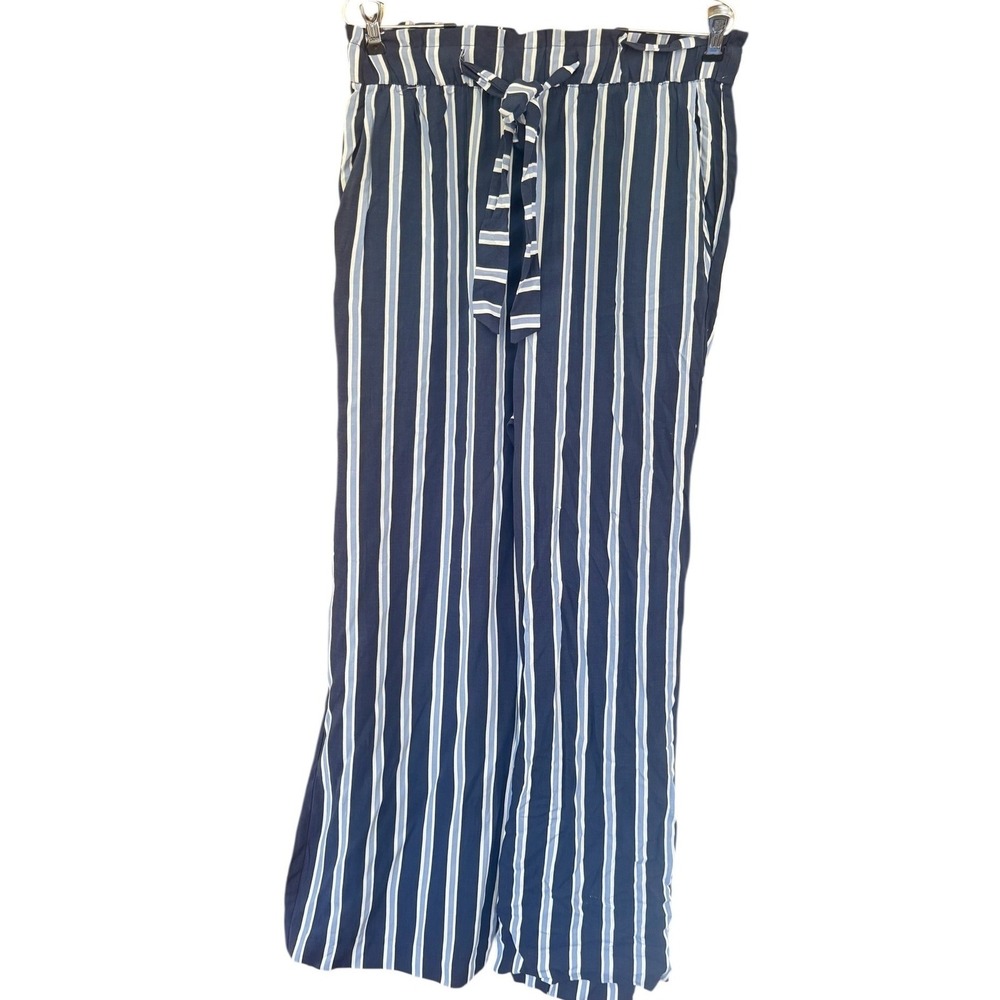 H&M Navy Blue White Striped Wide Leg Paperbag Waist Pants Size 10 US 14 UK